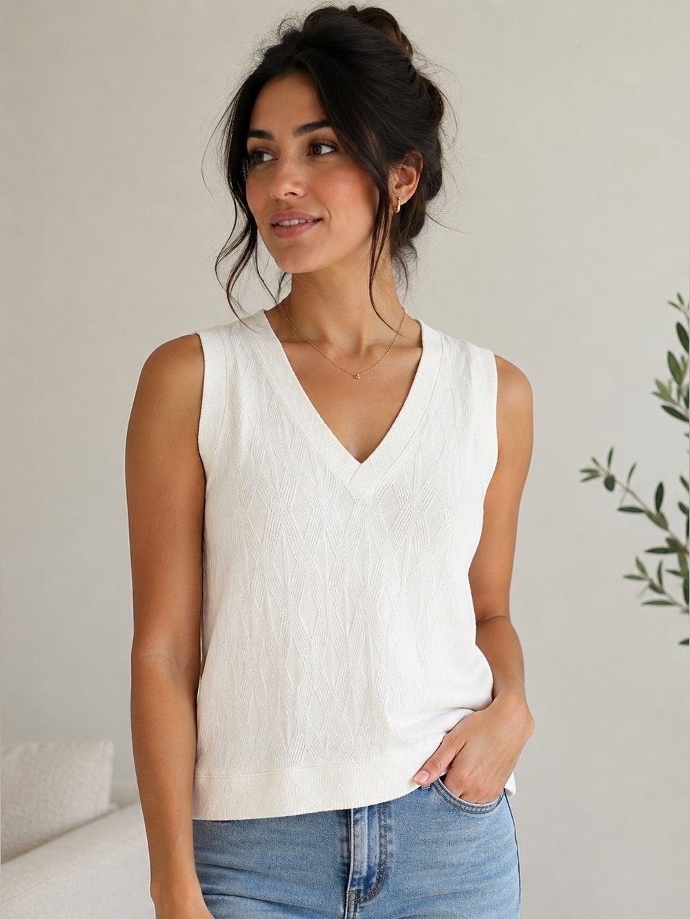 NWT Brea Canyon Stitch FixTextured V-Neck Sweater Vest Tank Winter White Size XL